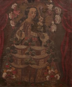 Antique Cusco School Painting on Wood of Virgin and Child
