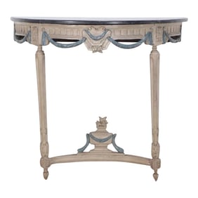 A Marble Top Half Round French Louis XVI Demilune Painted Console Table Circa 1900. Blue Highlights