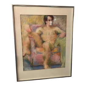 1970s Chalk Pastel Portrait Drawing of a Reclining Nude Man