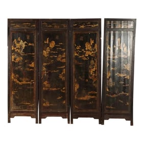Chinese Four Panel Black Lacquer Folding Room Divider Screen Circa 1900