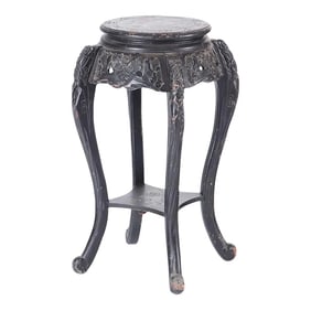Black Carved Chinese Plant Stand Pedestal With Decorated Top. 19th Century
