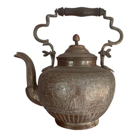 Late 19th Century Syrian Embossed Copper Tea Kettle With Camels
