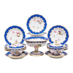 19th Century English Blue Border Porcelain Dessert Service- 16 Pieces