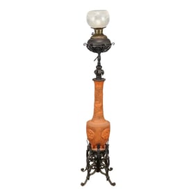 19th Century Dragon Motif Tokoname Meiji Era Electrified Japanese Oil Floor Lamp in Terracotta Red W