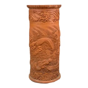 19th Century Japanese Meiji Era Dragon Embellished Tokoname Terracotta Red Ware Ceramic Umbrella Sta