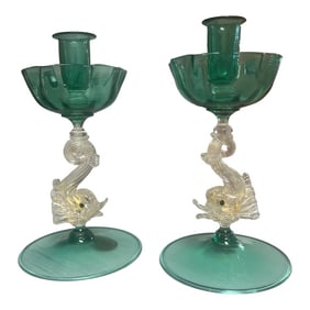 A Pair of Mid 20th Century Green and Gold Hand Blown Venetian Murano Glass Dolphin Candlesticks