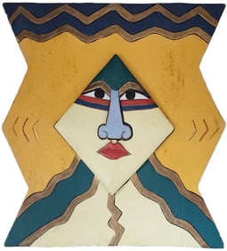 Rare Vintage Cubist wood & mixed-media wall sculpture by Joy Richardson, titled "The Spirit of a