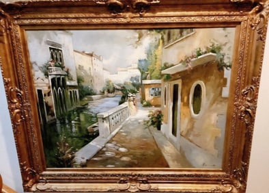 Vincente large masterful vintage impressionist oil painting of turn-of-the century European village.