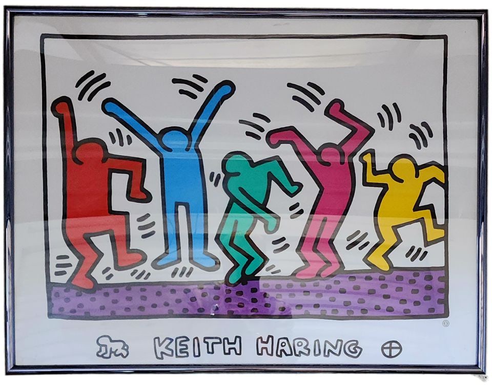 Keith Haring's "Dancing Figures". Vintage framed poster of this iconic pop art work from the 1980s. (1 of 2)