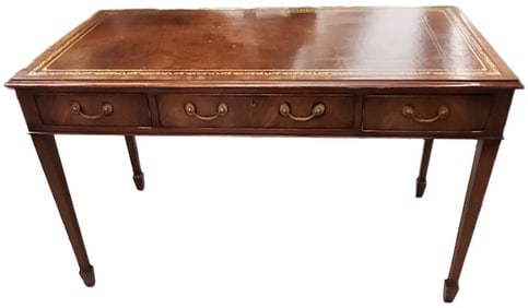 Antique Hepplewhite-Style Regency mahogany writing desk w/ 3 drawers and gold stenciled leather top.