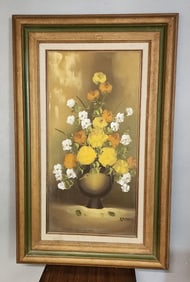 Stunning mid-century oil painting w/ wonderful floral still life image. Signed. 18x30"
