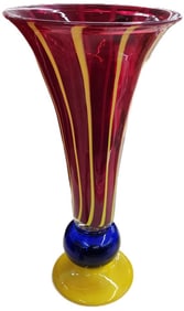 Tall Vintage Italian Memphis style multi-colored art glass vase w/ striking design.