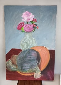Vintage original expressionist floral still life oil painting w/ strong primitive influence...