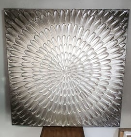 Large modernist silver abstract sculptural relief oil painting with wonderful bursting image. 36x36"