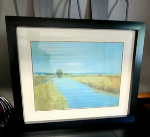 Captivating expressionist lithograph of wetlands seascape. Facisimile signed.