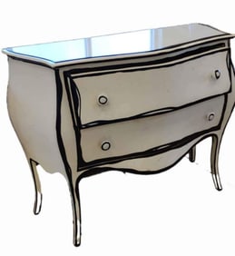 VINTAGE LOUIS XV STYLE ARTISTIC HAND-PAINTED 2 DRAWER BOMBE CHEST/ DRESSER, WHITE w/ BLACK ACCENTS