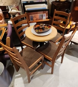 Set of 4 mid-century country style high back wood dining chairs. Perfect for Modern Farmhouse decor.
