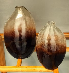 Pair of vintage art glass amber sculptural vases w/ crackled glass designed by Uttermost