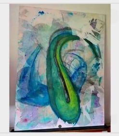 Large Mixed Media Modernist Abstract Oil Painting w/ Compelling Bold Imagery