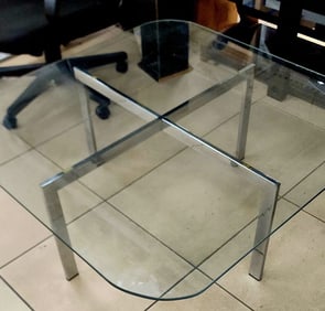1970s MCM Chrome/glass coffee table by Milo Baughman or is a Mies Van Der Rohe Knoll Barcelona Table