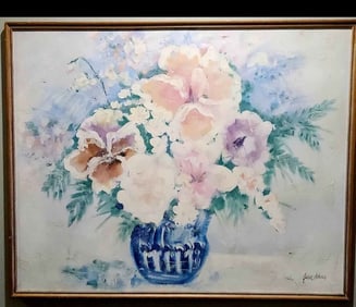 Large captivating mid-century floral still life impasto-style oil painting by Jason Adams.. Signed
