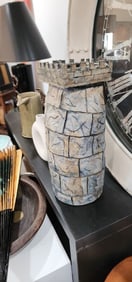 Monumental monumental vintage brutalist ceramic sculpture of Castle or perhaps chess figure