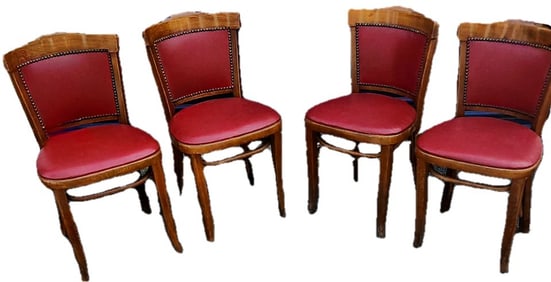 Rare Set of 4 early mid-century Thonet leather dining chairs w/ unique deco design & nail accents.