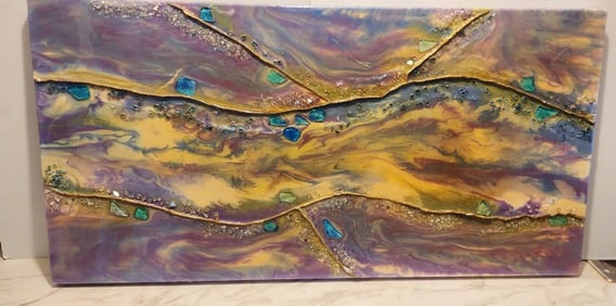 Postmodern brilliantly colored impasto-style oil painting with semi-precious stones embedded.