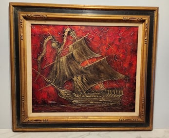 Danton mid-century impressionist oil painting depicting a golden pirate ship against the backdrop of