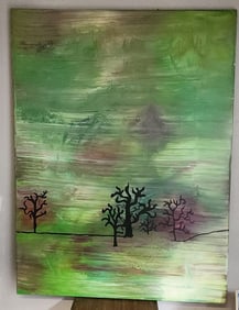 Wonderful Asian inspired expressionist landscape oil painting.