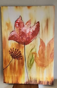 Striking minimalist vintage giclee painting on canvas of floral still life image.