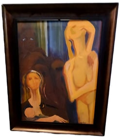 Hector de Cordova vintage surreal Cubist oil painting. An extraordinary piece w/ compelling imagery