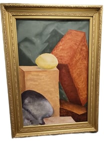 After Thomas Hart Benton mid-century abstract constructivist oil painting on board. 24"x40"