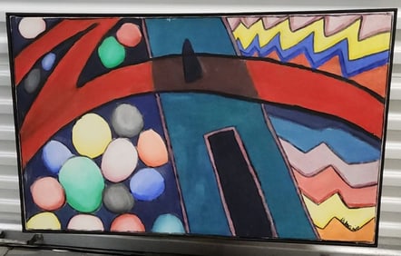 Jen Distasio vintage geometric modernist original abstract oil painting w/ vibrant colors.