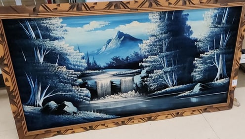 Rare vintage 1970s large painting on black velvet in original hand-carved frame