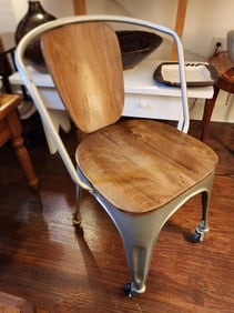 Great Vintage Industrial metal and wood side chair one rollers