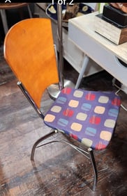 Italian design mid-century modern chromed-steel and wood side chair w/ vibrant pattered fabric seat