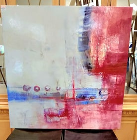 Striking postmodern original abstract giclee oil painting with laquer finish. 36 x 36"