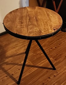 Vintage industrial old wood and steel tripod side table, w/ great metal studded rim.