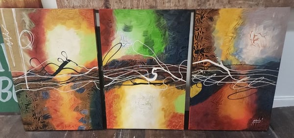 Vintage Modern set of 3 impasto-style abstract paintings (triptych),