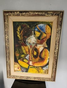 Captivating mid-century cubist surreal oil painting of family w/ rich impasto texture. Signed