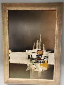 Exceptional Mid-Century abstract expressionist mixed-media collage oil painting.