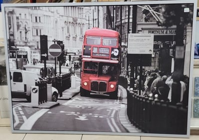 Vintage 4x6' framed photo of iconic Routemaster double decker bus on London Street. Made in Poland