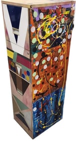 Hand-painted vintage file cabinet w/ a vibrant, eclectic abstract design. Outsider Art at its best.