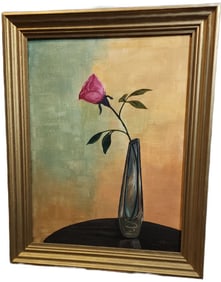 Impressionist mid-century signed still-life oil painting featuring a single rose in a clear vase.
