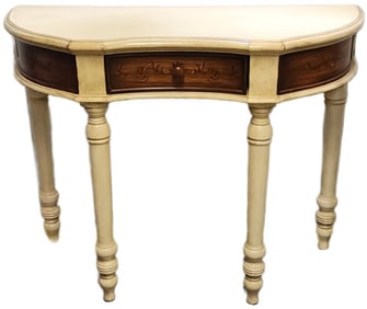 Vintage Louis XVl style wood console or hall table w/ faux fleur de lis accents. 42" x 20" x 30"h.