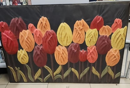 Large vintage relief metal wall sculpture w/ hand painted impressionist images of tulips in bloom.