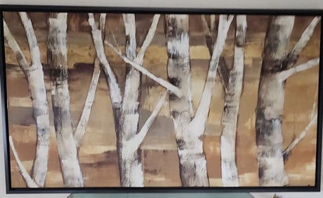 Large postmodern impressionist giglee painting of forest landscape w/ richly textured impasto style