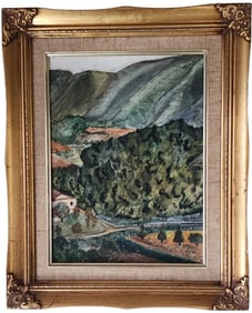 Beautiful antique early 20th century impressionist landscape oil painting in gold gilded frame.12x10