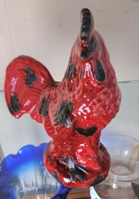 Rare vintage large red and black ceramic rooster sculpture w/ high glaze